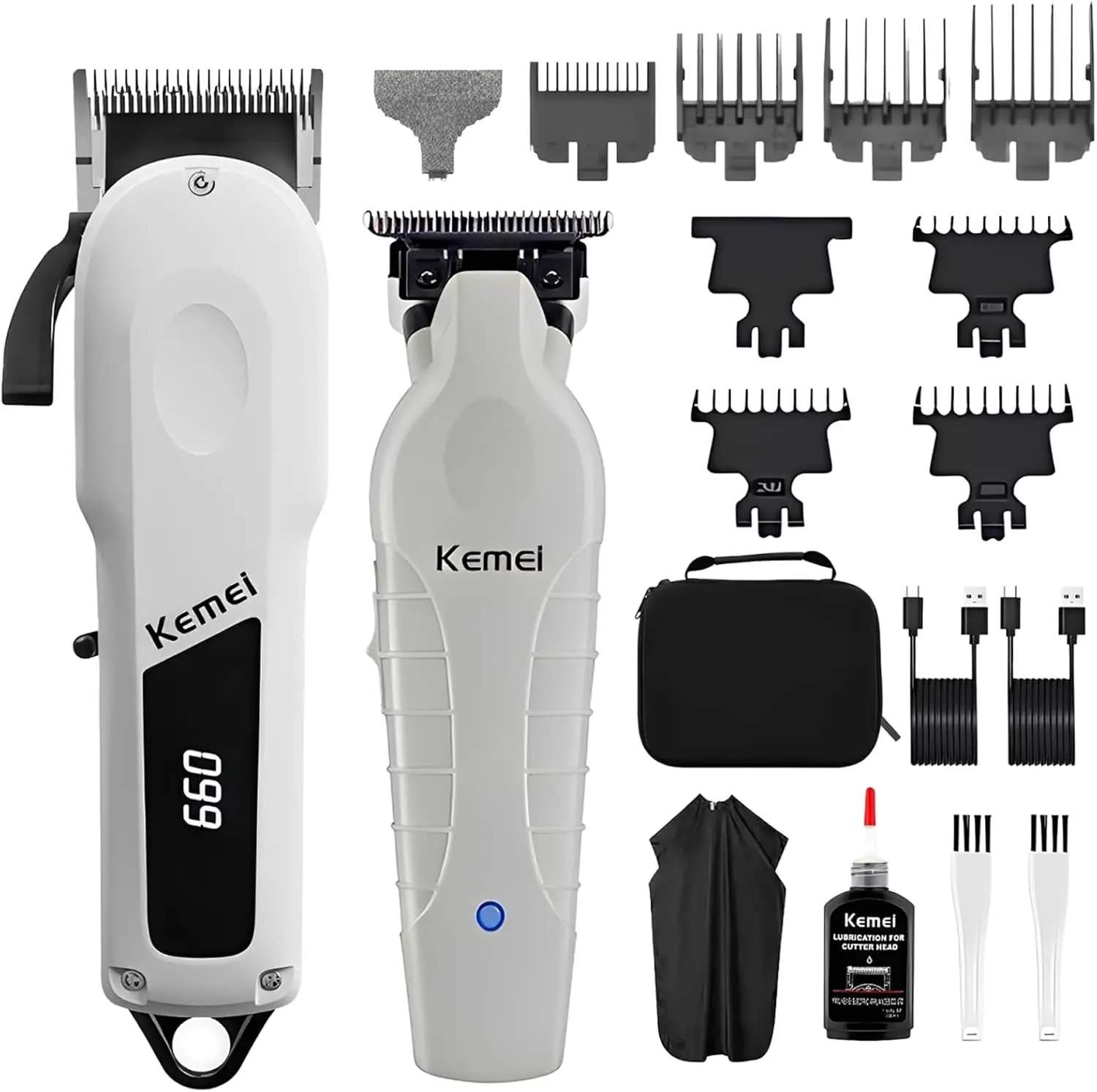 KEMEI 2-Pack Professional Hair Clippers for Men, Cordless Barber Clippers and Trimmer Set, T-Blade Zero Gap Trimmer with LED Display, Rechargeable Hair Cutting Kit 180 Mins for Home & Salon