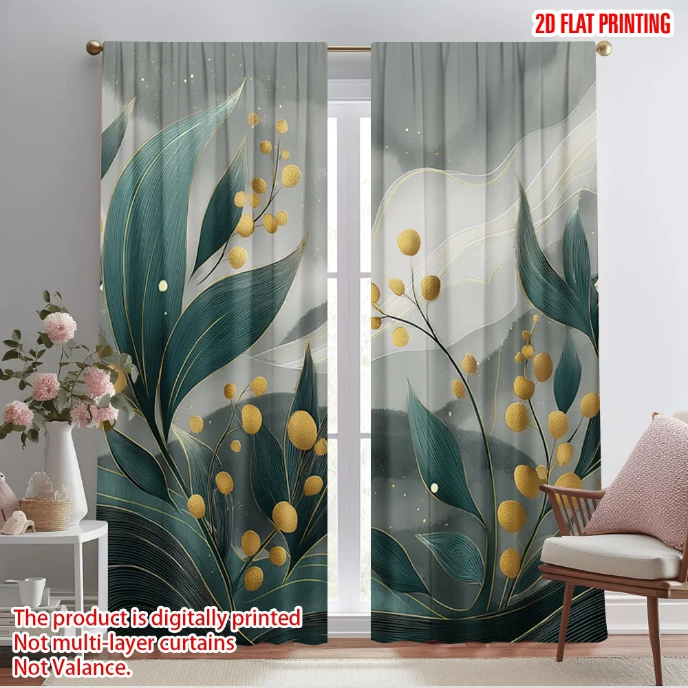 

2pcs 2D flat printing Party Curtain Botanical Floral Gold Polyester Without Electricity Family Party Perfect for Living Room