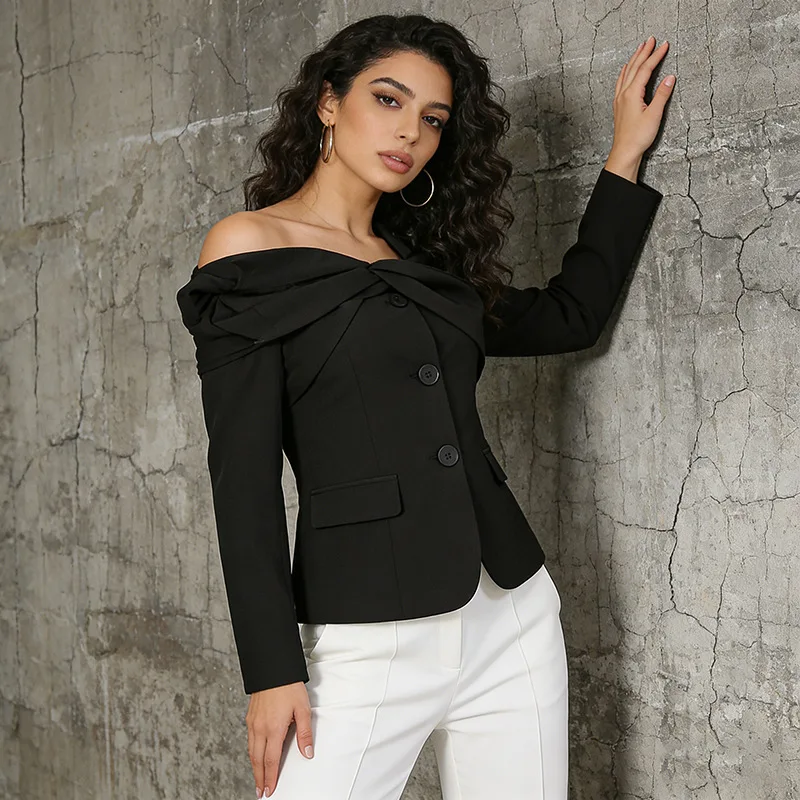 

EDGLuLu Korean Fashion Design Square Neck Twisted Black Single-Breasted Suit Jacket Off Shoulder Long Sleeved Short Coat 0506