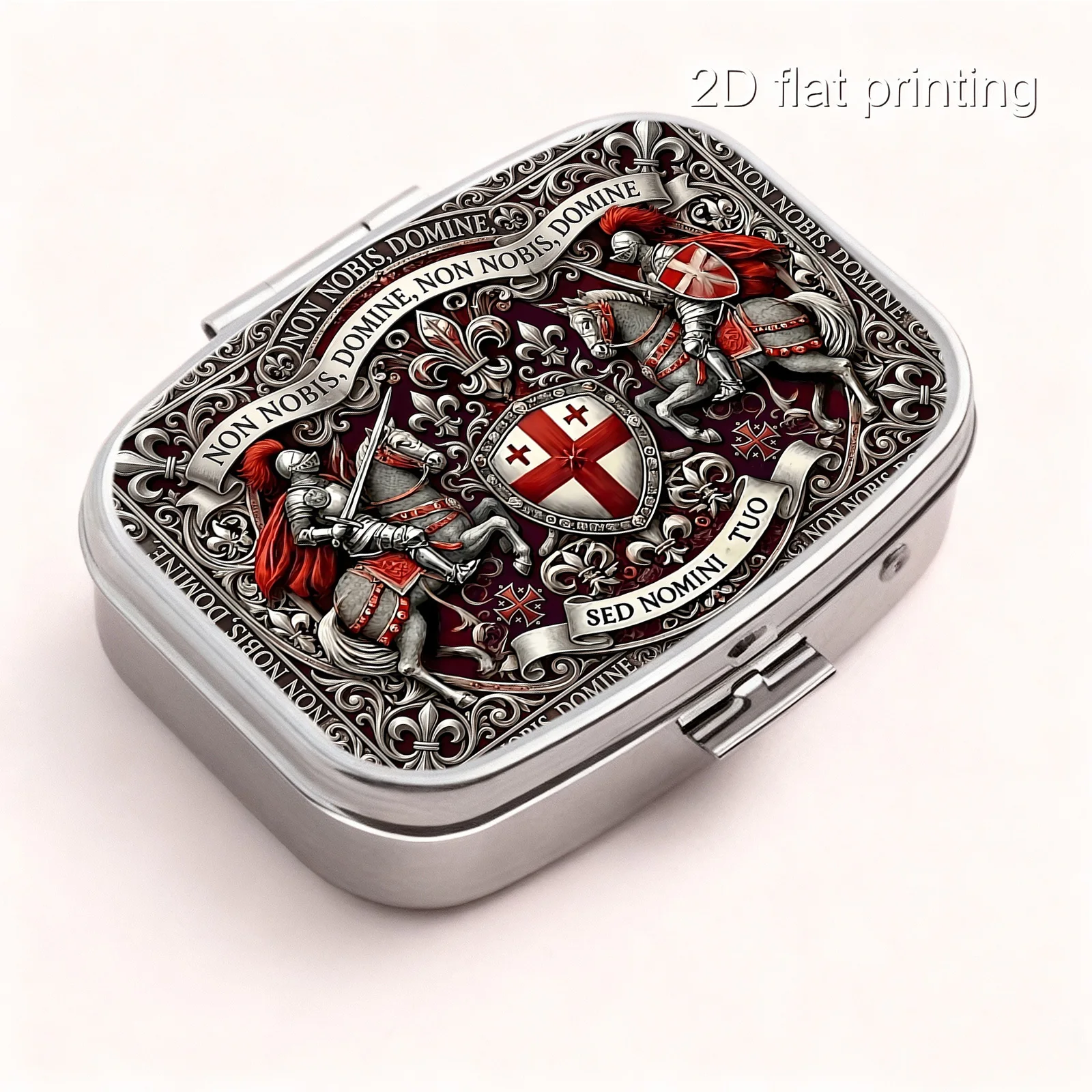 1pc flat printing pill box, with Templar cross emblem pattern, medieval retro badge style, portable metal material, exquisite, convenient, lightweight, and suitable for various occasions. The square two-compartment design allows for easy storage and organization. It is a compact and creative small accessory box, a portable safety box, a small and exquisite decorative box, suitable for all seasons, and a personal medicine organizer