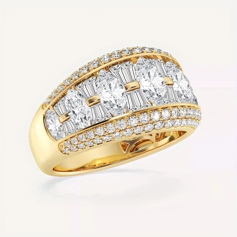 Luxury Fashion Gold Color Cubic Zirconia Shiny Ring Women Temperament Wedding Engagement Anniversary Gift Jewelry Accessories