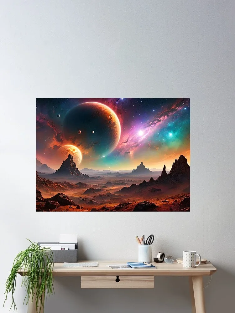 

Alien Landscape Planets Moons Stars Sun Nebula Mountains Rocky, Art Print Canvas Poster, Living Room Decor, Home Wall Picture