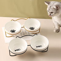 Cat Double Bowl with Stand and Mat Round Dog Metal Elevated Kitten Puppy Ceramic Food Feeding Dish Drinker Water Pet Accessories