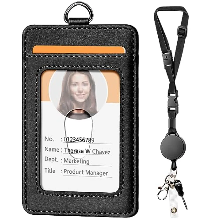 Leather Badge Holder with Adjustable Retractable Lanyard