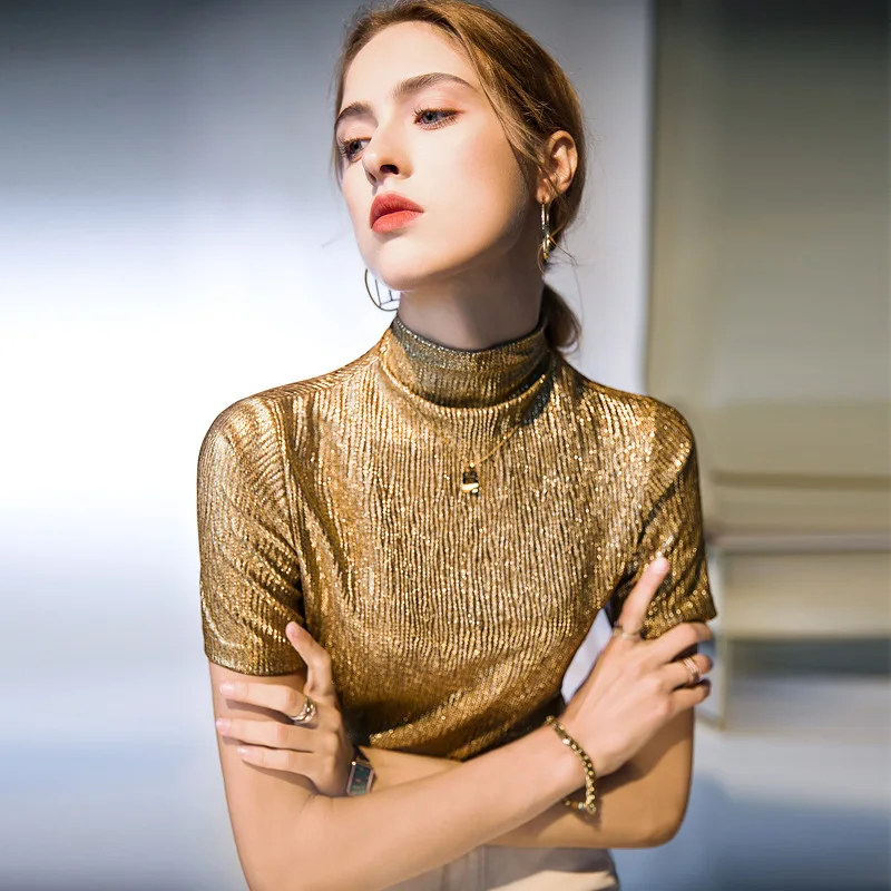 

Fashionable and Stylish gold Shiny Slim FitTT-shirt Autumn New Simple Solid Color Top Trendy Stretchy Shirt