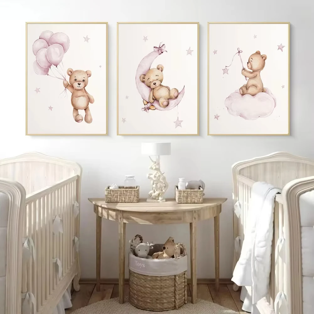 Bear Nursery Wall Art Decor Teddy Bear Canvas Wall Art Baby Prints Pictures Wall Decor Moon Star Cloud Girls Children Room