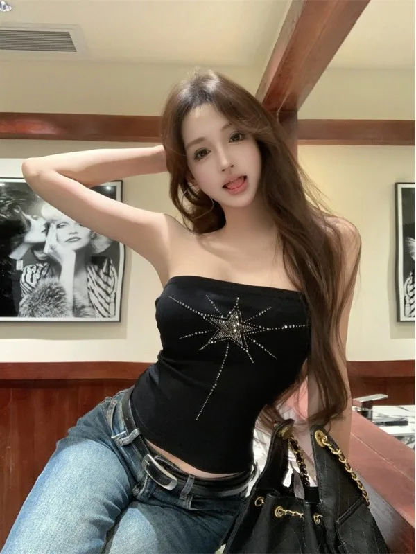 American Retro Rhinestone Tube Top Strap Vest Women Summer Outdoor Wear Slim Fit Short Style Sexy Black Base Shirt