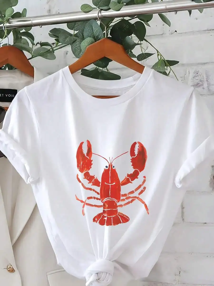 Women Trendy Red Lobster Cartoon Letter Graphic Crewneck Short Sleeve T Shirt Summer Spring Casual 1 Piece Everyday Wear Top
