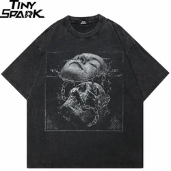 Hip Hop Streetwear Retro Washed Black T-Shirt Men Cracked Face Skull Graphic T Shirt Cotton Tshirt Harajuku Tops Tee Unisex