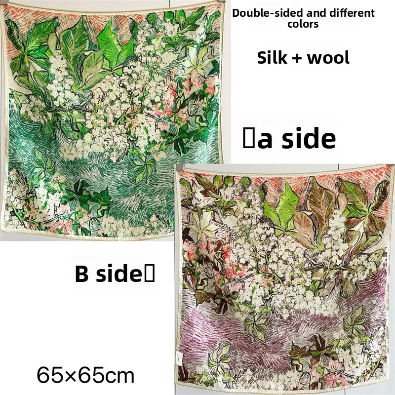 65x65cm Art Oil Painting Silk Wool Scarf 30% MULBERRY SILK 70% WOOL Twill Double Sided Different Color Square Scarf Shawl Wrap