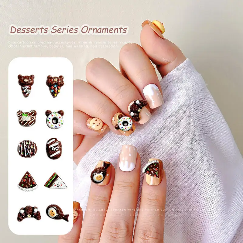 30PCS Cute Bear Donut Ice-cream Nail Charms Simulated Chocolate Sandwich Croissant Resin Nail Art Decorations DIY Nails Parts