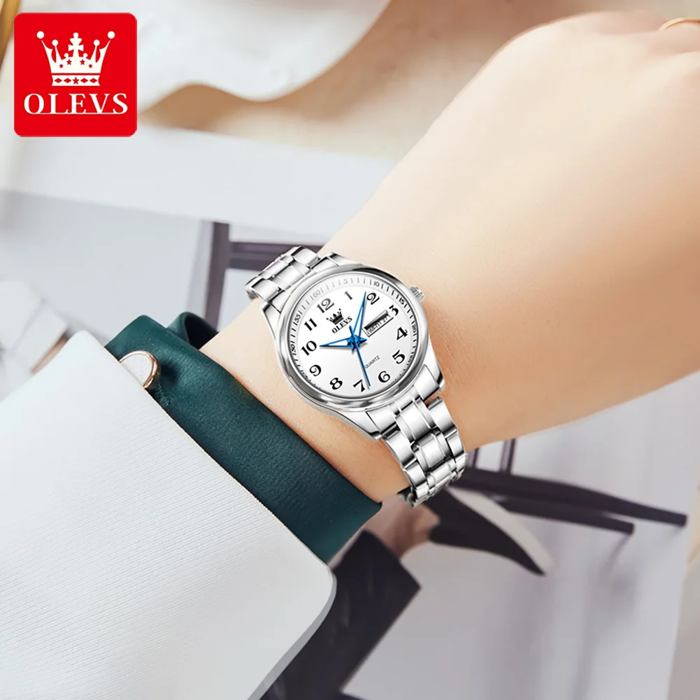 OLEVS-reloj de cuarzo de marca para mujer, relojes elegantes de acero inoxidable, reloj de pulsera luminoso impermeable con fecha de semana, reloj