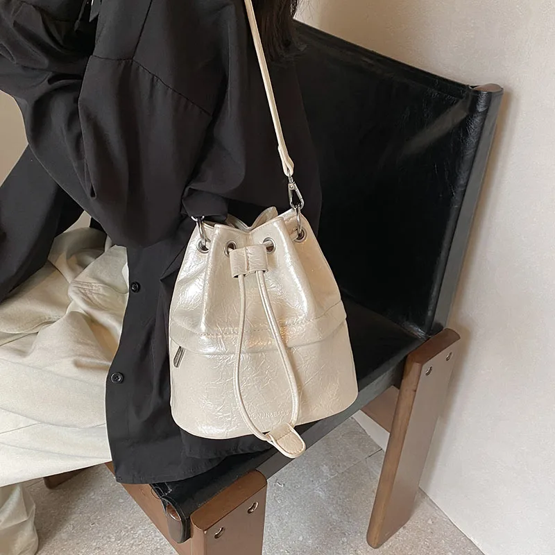 Small Silver Pu Leather Crossbody Bags For Women 2024 Y2k Korean Fashion Designer Females Bucket Bag Lady Drawstring Handbags