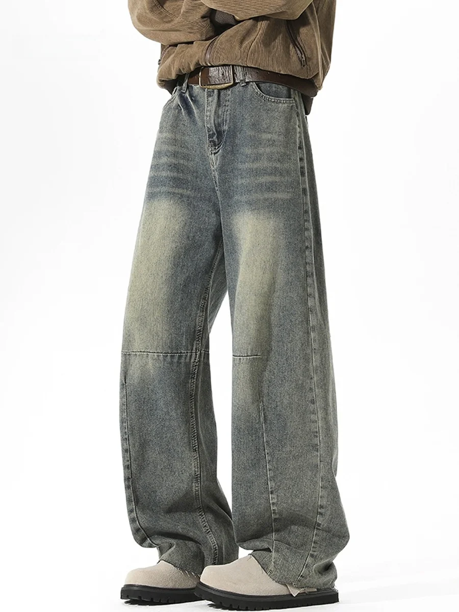 

Retro American Knife Jeans Men's Autumn Waed Wide Leg Straight Cut Denim Pants Vintage Folded Trousers Loose Fit