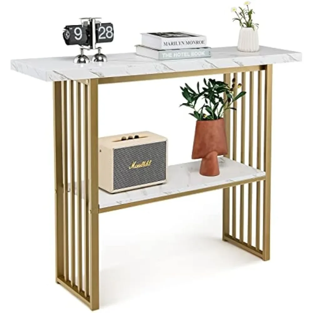 

Faux Marble Top, Steel Frame & Open Shelf, Entryway Table, Modern Entryway Table for Living Room, Hallway, Entrance