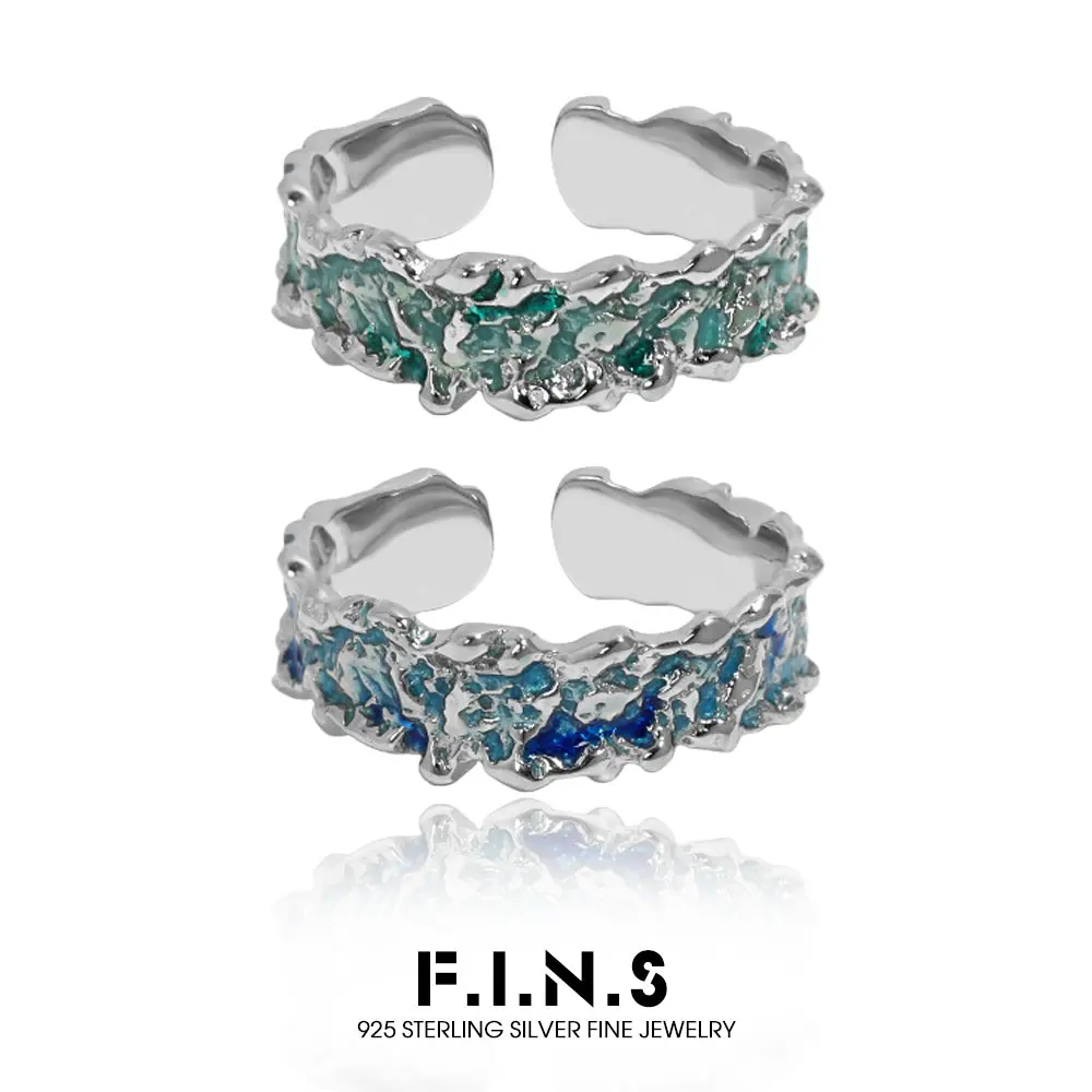 

Кольцо F.I.N.S. оригинального дизайна, асимметричное, этническое, с эмалью, из стерлингового серебра S925, с текстурой, неровной зелено-синей глазурью, изысканное ювелирное изделие