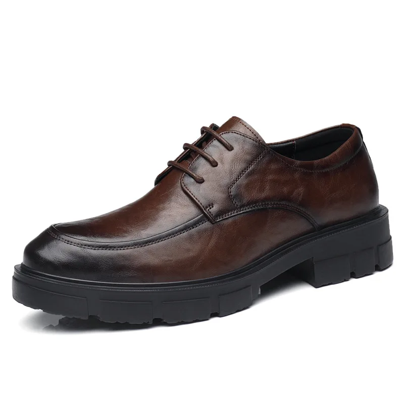 Men's Business High Heeled Leather Shoes Casual Thick Sole 10cm Height Increasing Hand Painted Pattern Trendy Formal Dress Shoes