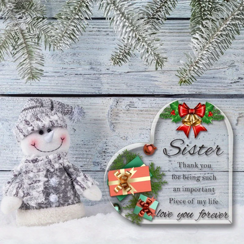 Christmas Sister Heart‑Shaped Acrylic Tabletop Plaque, Bell Holly Gift Box Holiday Thank‑You Desk Keepsake Gift