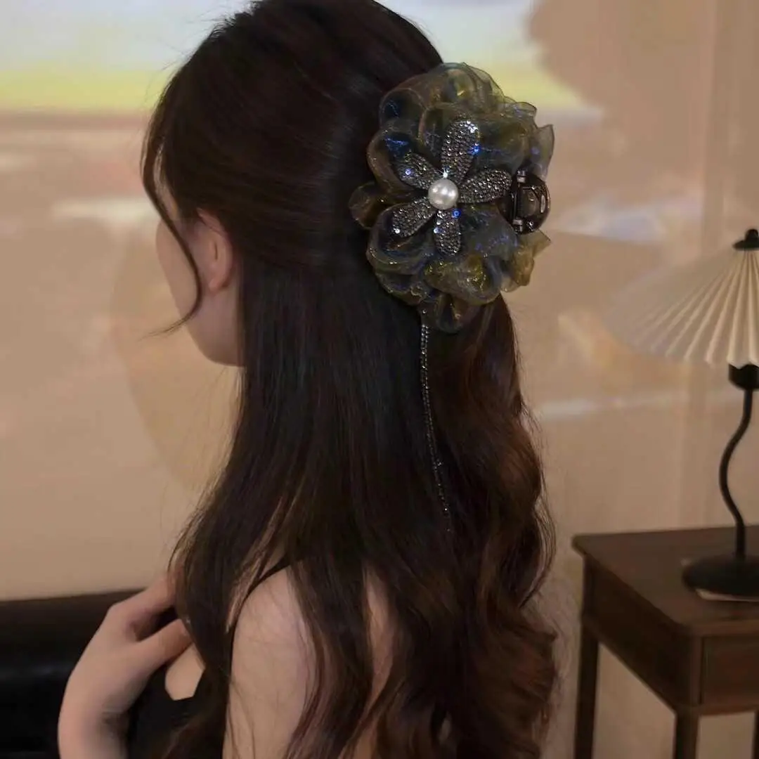 Weiblichen Koreanischen Stil Frauen Exquisite Strass Haar Zubehör Blume Quasten Puffy Haar Clip Haar Klaue Frauen Neue Kopfbedeckungen – Detail 5