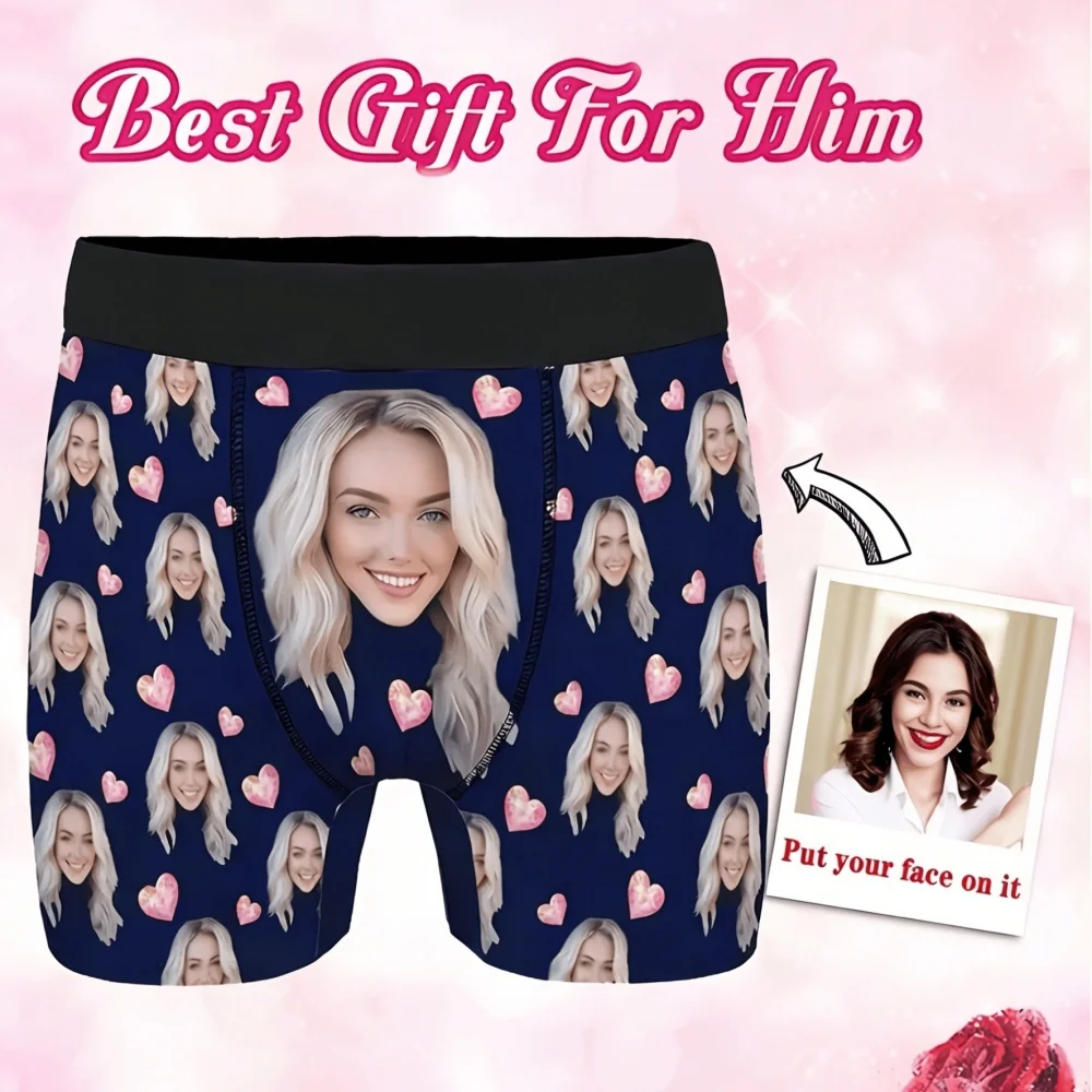 Custom Photo Men Boxer Briefs, Personalized Face Print Underwear, Funny Customized Picture Shorts Gift for Valentine Anniversary