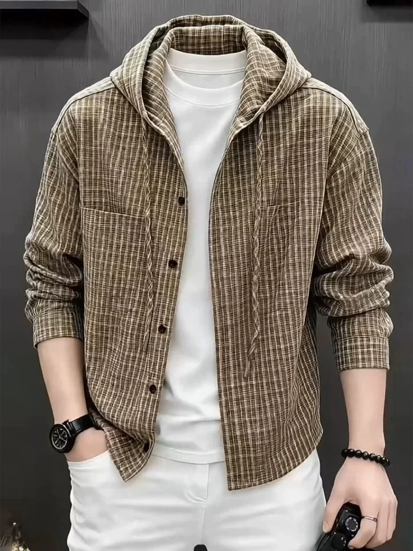 Retro Casual Men's Shirt Stylish Checkered Hooded Shirt Spring Autumn New Style Versatile Slim Fit Long Sleeve Polyester Fiber