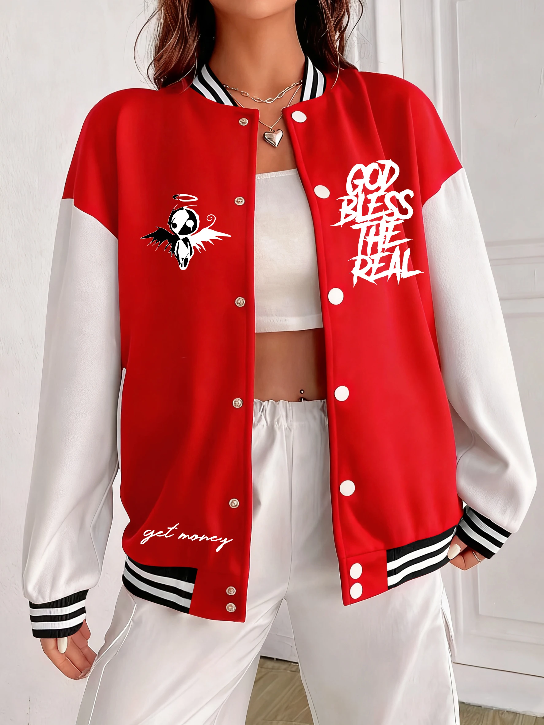 

God Bless The Real Prints Baseball Uniform Women Oversized Pocket Clothing Colorful Street Jackets Autumn Cotton Streetwear