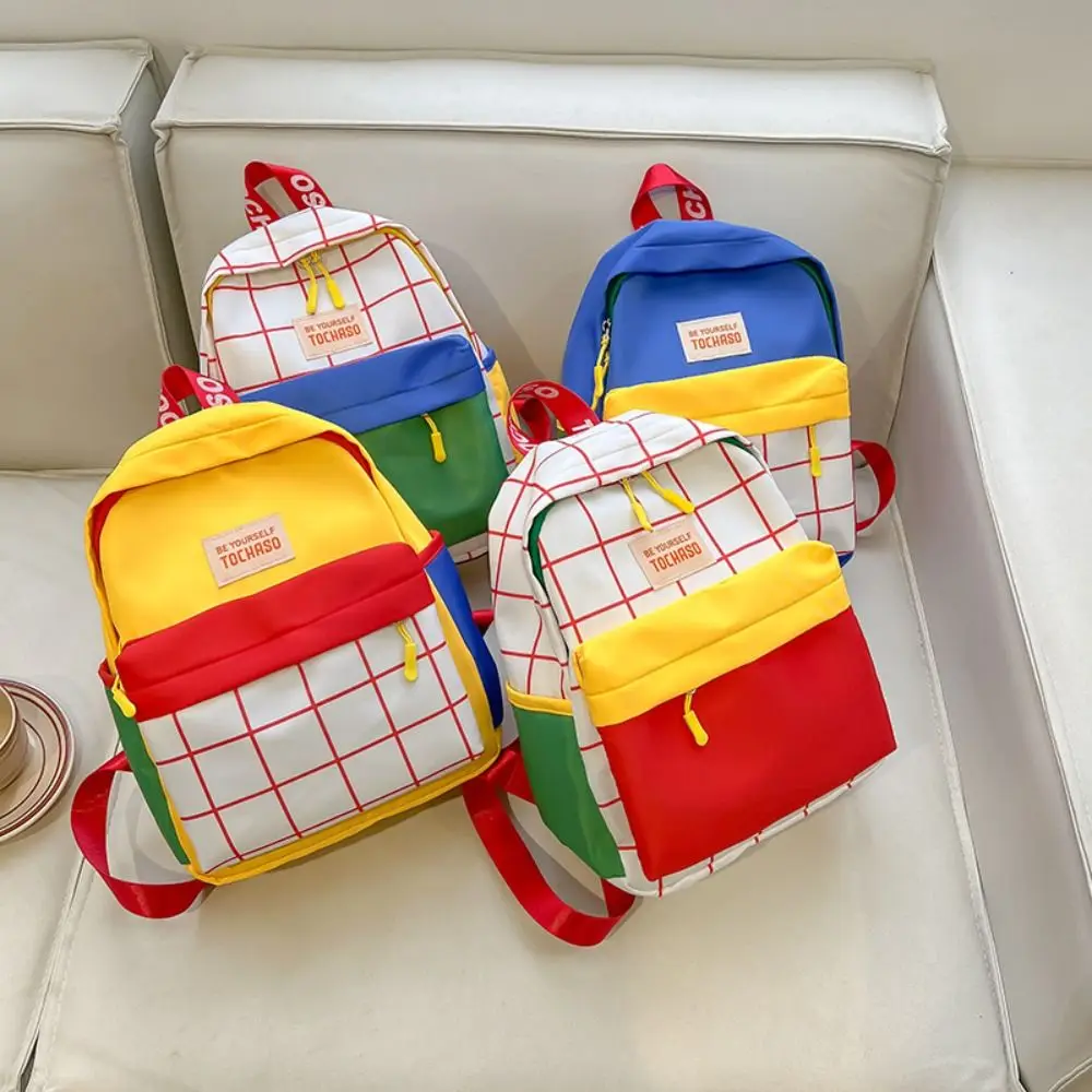 

Unique Book Bag Contrast Color Plaid Backpack Large Capacity Nylon Children School Bag Korean Style Cute Shoulder Bag Gift