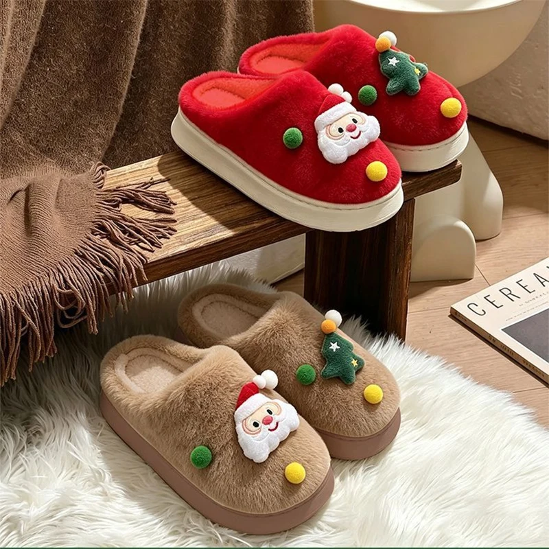 Children's Cute Santa Claus Plush Home Slippers Winter Christmas Warm Furry Indoor Slippers Kids Lightweigh Platform Shoes 30-45