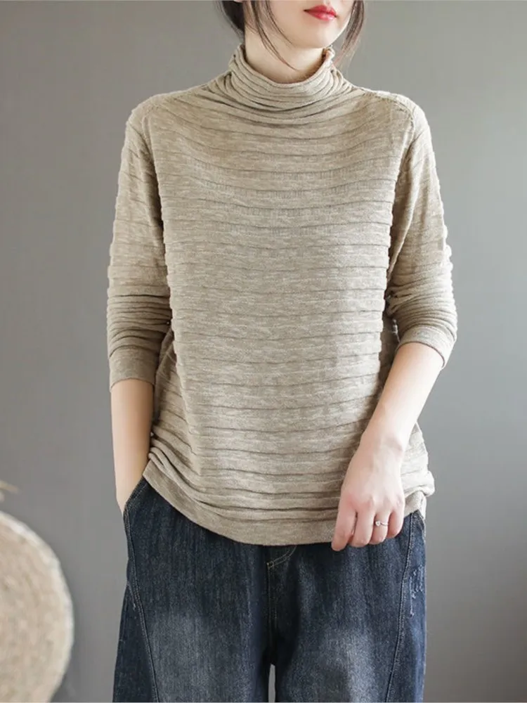 T-shirt pullover dolcevita autunnale lavorata a maglia oversize da donna Camicette da donna a pieghe larghe casual T-shirt da donna alla moda