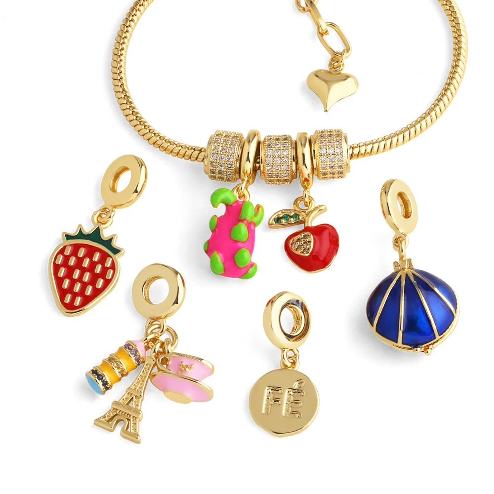 OCESRIO Trendy Enamel Strawberry Pitaya Apple Pendant for Necklace Bracelet Copper Gold Plated Jewelry Making Supplies pdta886