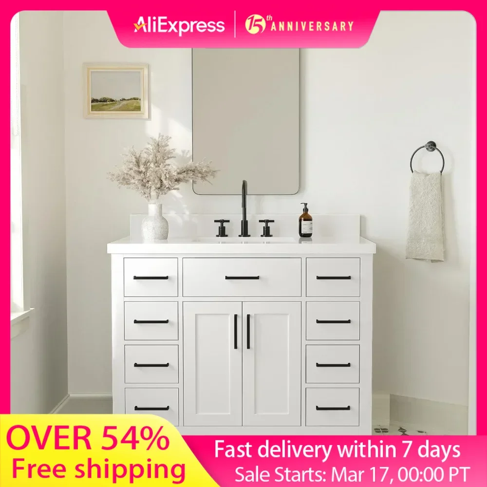 

Single Sink Bathroom Vanity, 1.5" Edge Quartz Top, 2 Soft Closing Doors, 9 Full Extension Dovetail Drawers, Bathroom Vanity