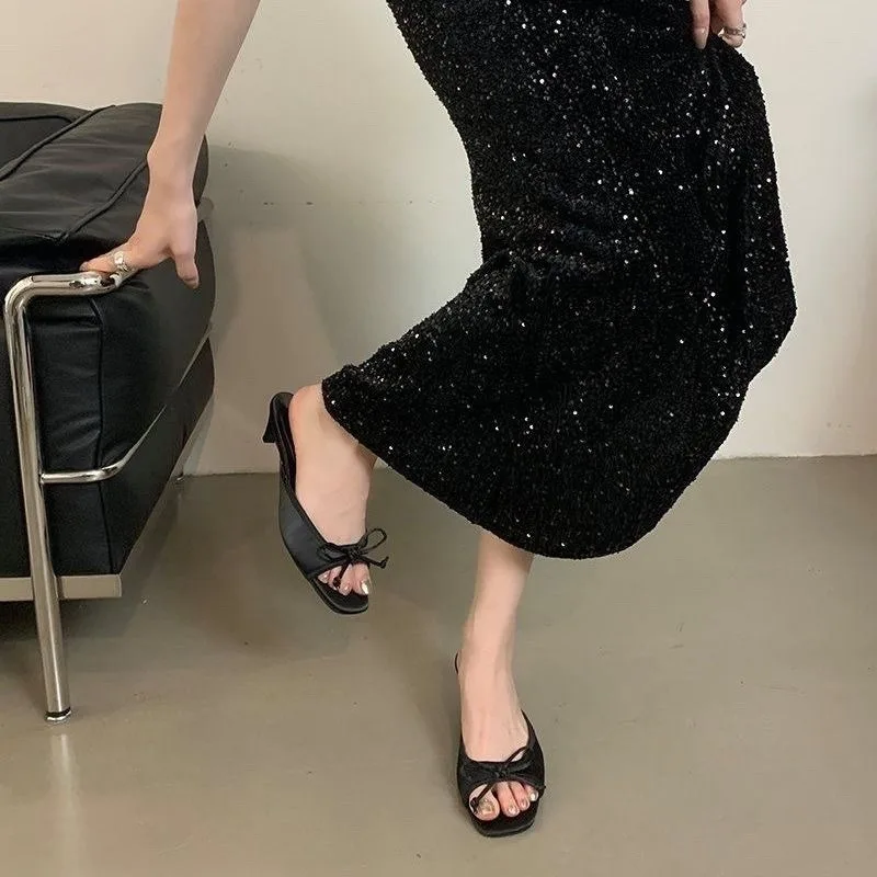 

Лидер продаж, новинка лета 2023, тапочки на маленьком каблуке с узлом-бабочкой, темпераментные нескользящие тапочки на каблуке с квадратным носком и открытым носком