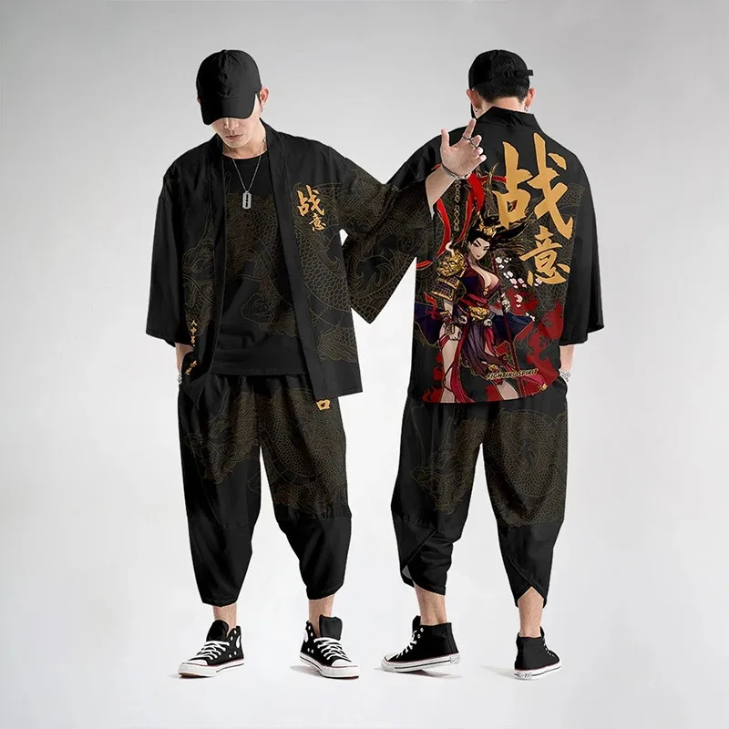 Conjunto de pantalones Haori tipo Kimono Vintage de estilo japonés para hombre, ropa de calle tradicional Harajuku, cárdigan samurái, disfraz, abrigo tipo Kimono, pantalones