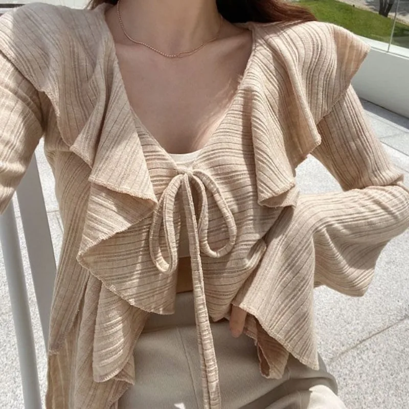 QWEEK Korean Style Chic Casual Lace Up Blouse Woman Elegant and Youthful Cropped Short Shirts Flare Sleeve Clothing Autumn 2024