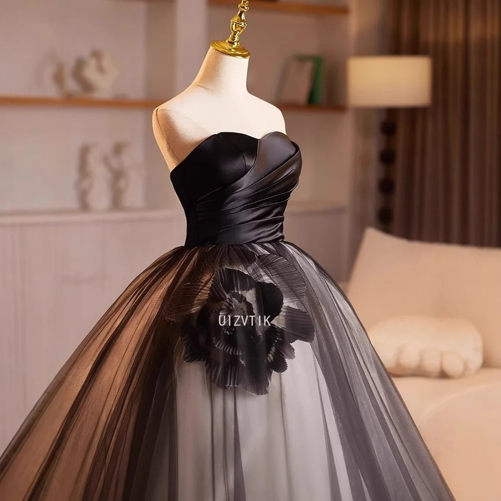 فستان سهرة من الساتان الأسود مخصص للنساء مأدبة أنيقة بدون حمالات على شكل حرف a زهور للحفلات الرسمية فساتين فيستدو دي فييستا