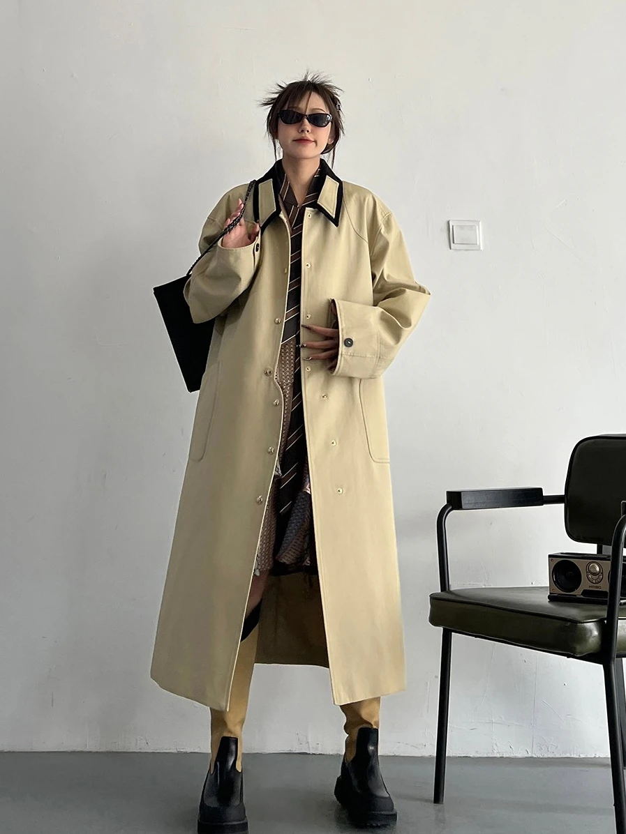 SuperAen primavera y otoño 2025 nuevo diseño largo gabardina caqui asimétrica para mujeres abrigos de gran tamaño de estilo coreano