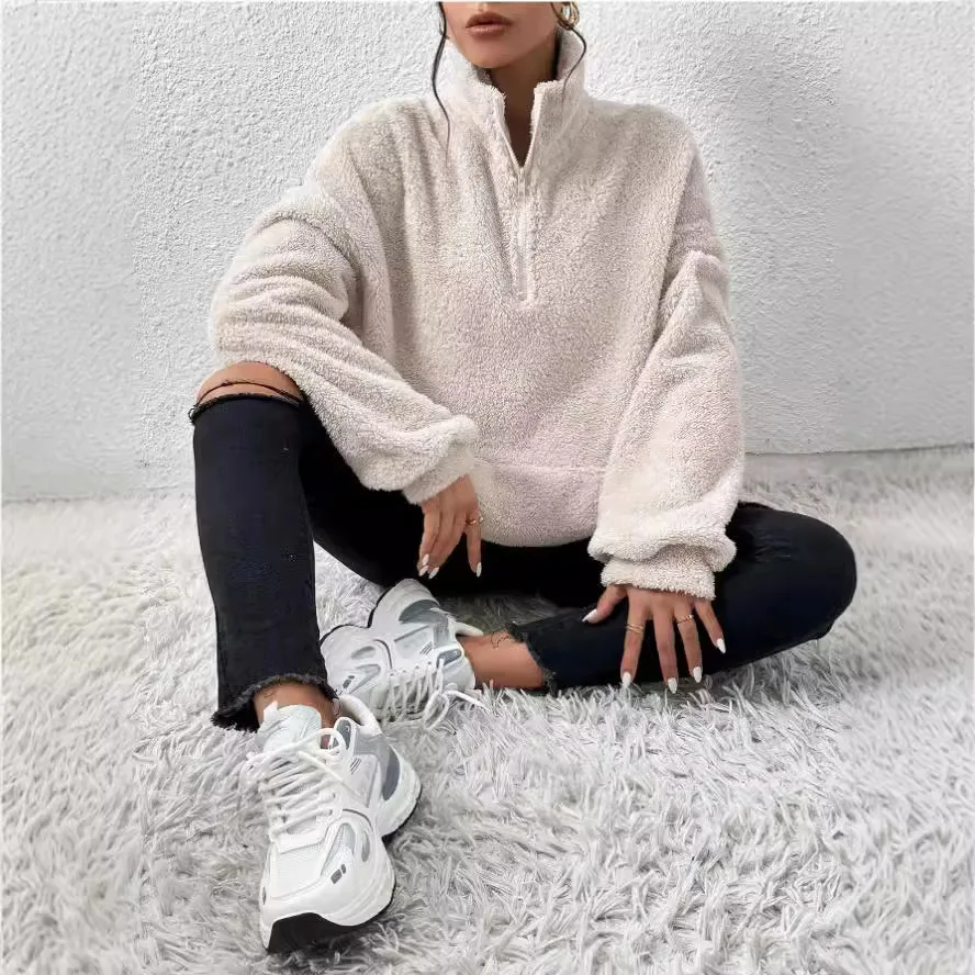 

Casual Sweatshirts Half Zip Women Pullover 2024 New Fashion Plush Overzised Hoodies Solid Color Stand Collar Long Sleeve Tops