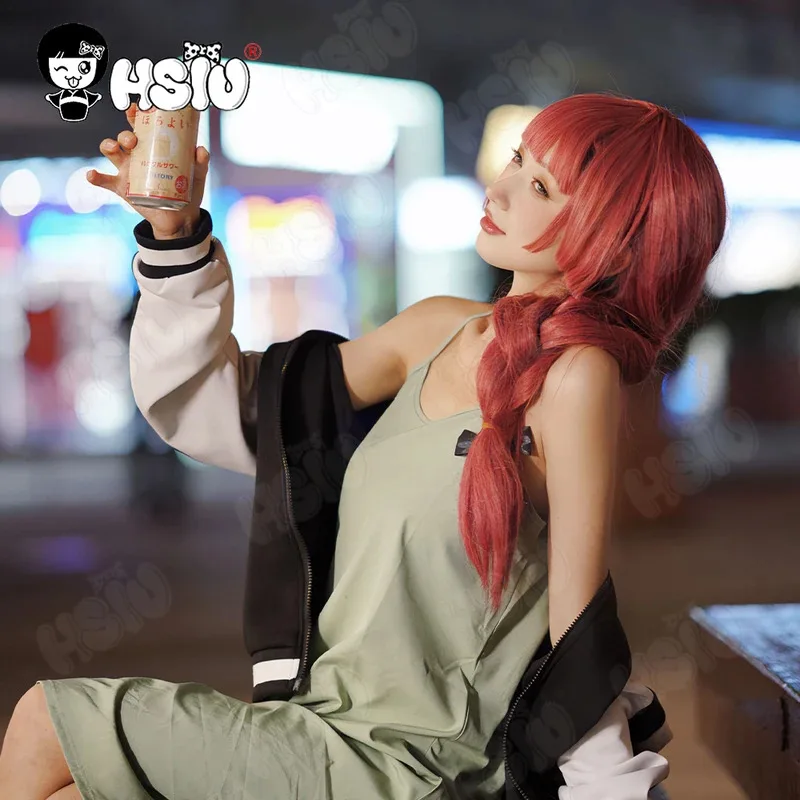 Hiroi Kikuri شعر مستعار تأثيري أنيمي Bocchi الصخرة تأثيري HSIU 65 سنتيمتر أحمر داكن من جانب واحد ذيل حصان طويل الشعر الألياف شعر مستعار + غطاء شعر مستعار