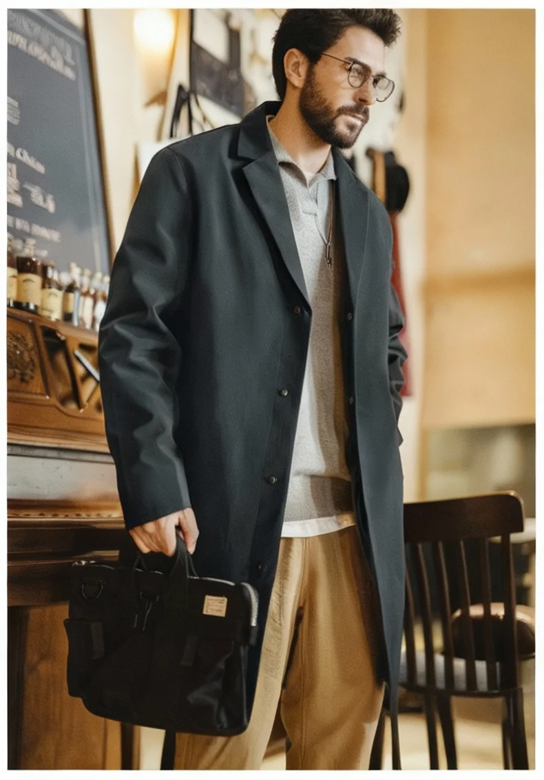 

Maden Мужской тренч в британском стиле, маккинтош, винтажное пальто-плащ с разрезом сзади, средней длины, синее демисезонное пальто для весны и осени