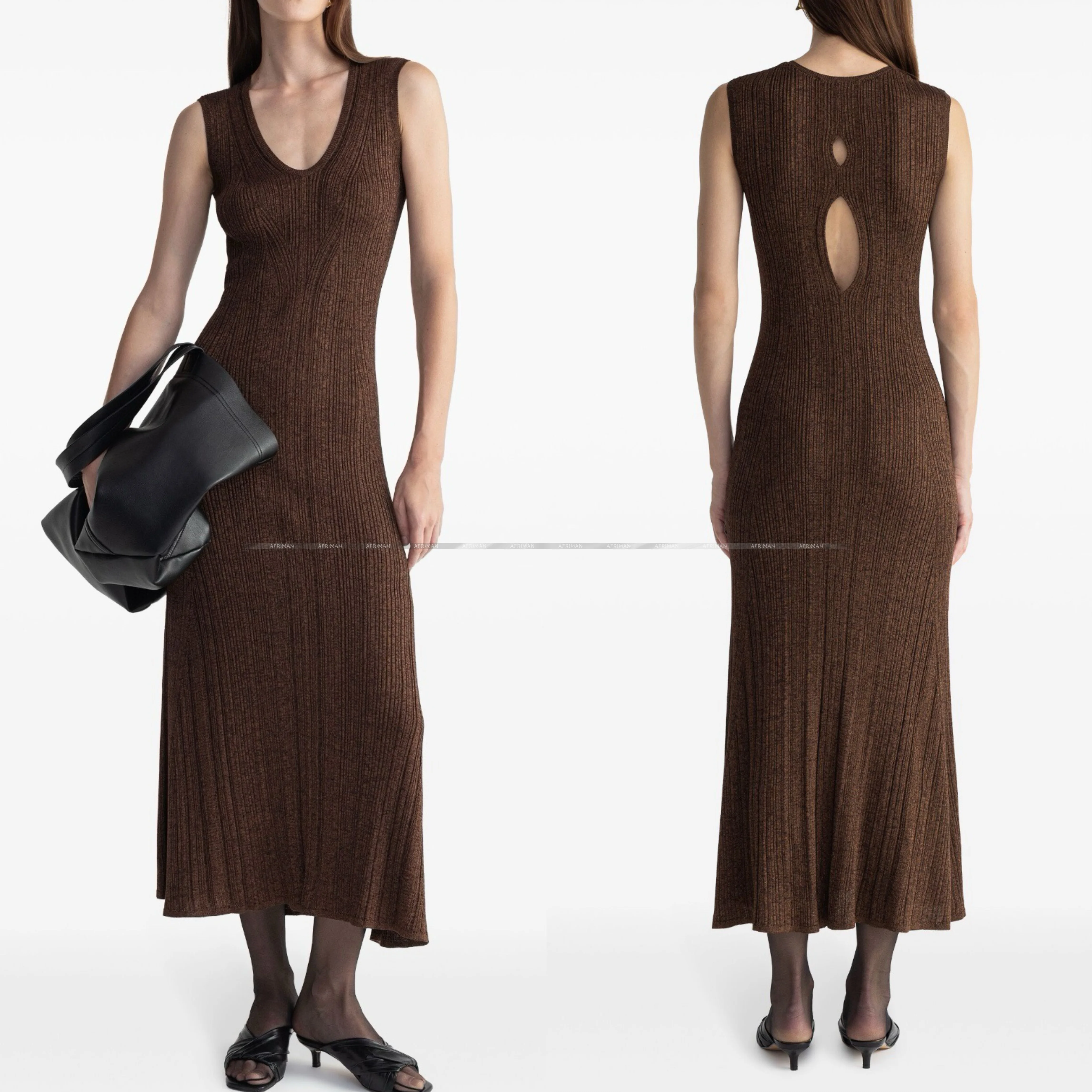 Women V Neck Sleeveless Coffee Color Slim Max Knit Dress