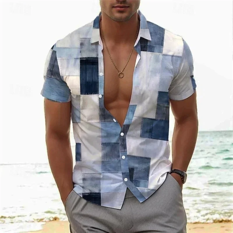 

2026 Summer New Men's Blue and White Plaid Short-Sleeve Shirt, Stylish Design, Loose Fit, Casual Vacation Top, Hawaiian Shirt