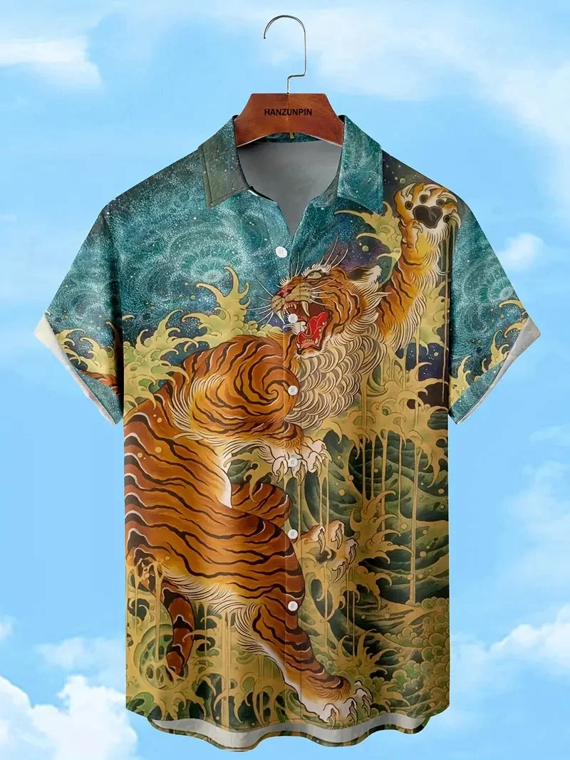 Retro Dragon and Tiger Pattern Men's Short Sleeve Button Summer Leisure Business Trend Street Outdoor Party Vacation Men's High