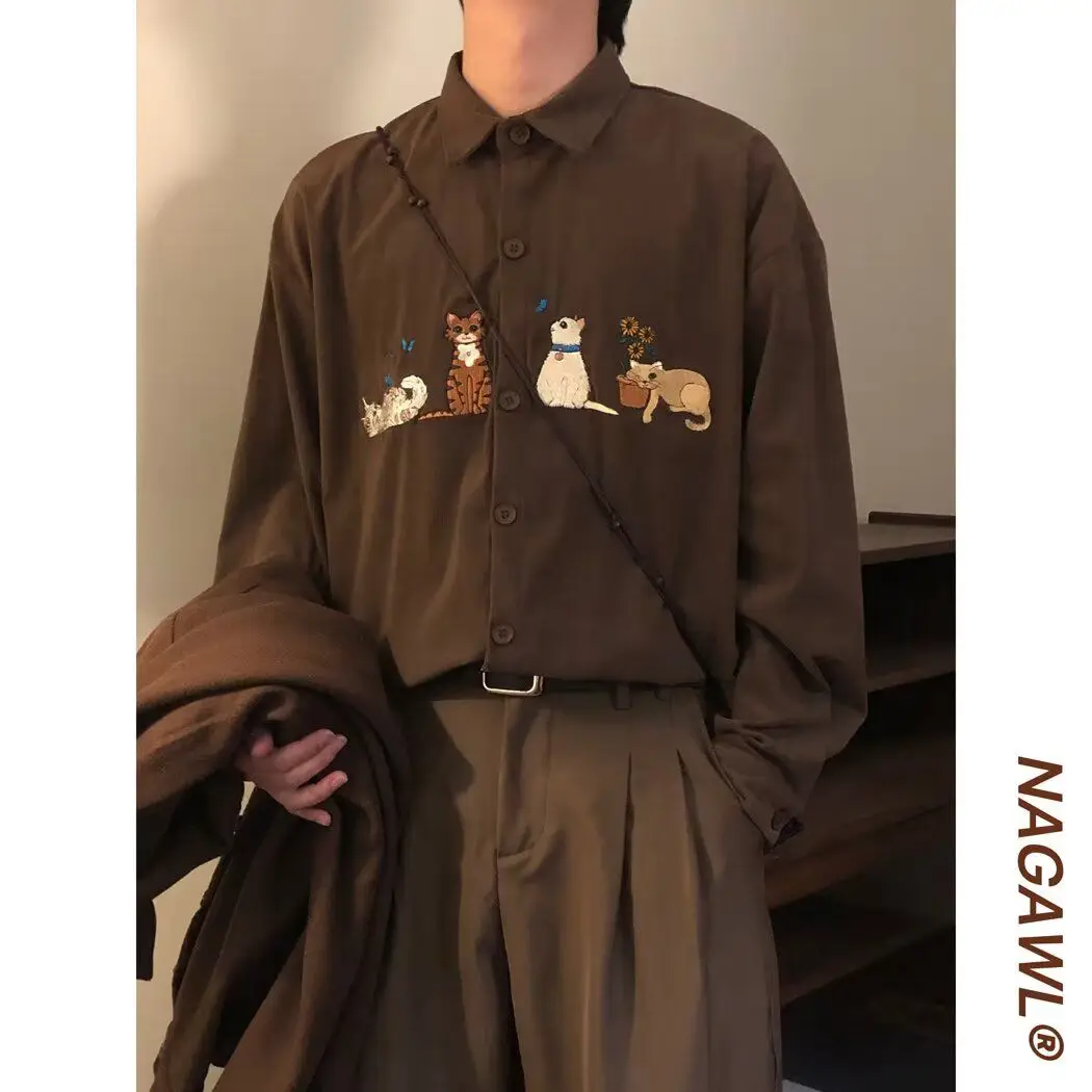 

Retro American Lazy Style Embroidery Corduroy Long Sleeve Shirt Unisex Spring Fashion Loose Fit Youthful Trend Spring 2026