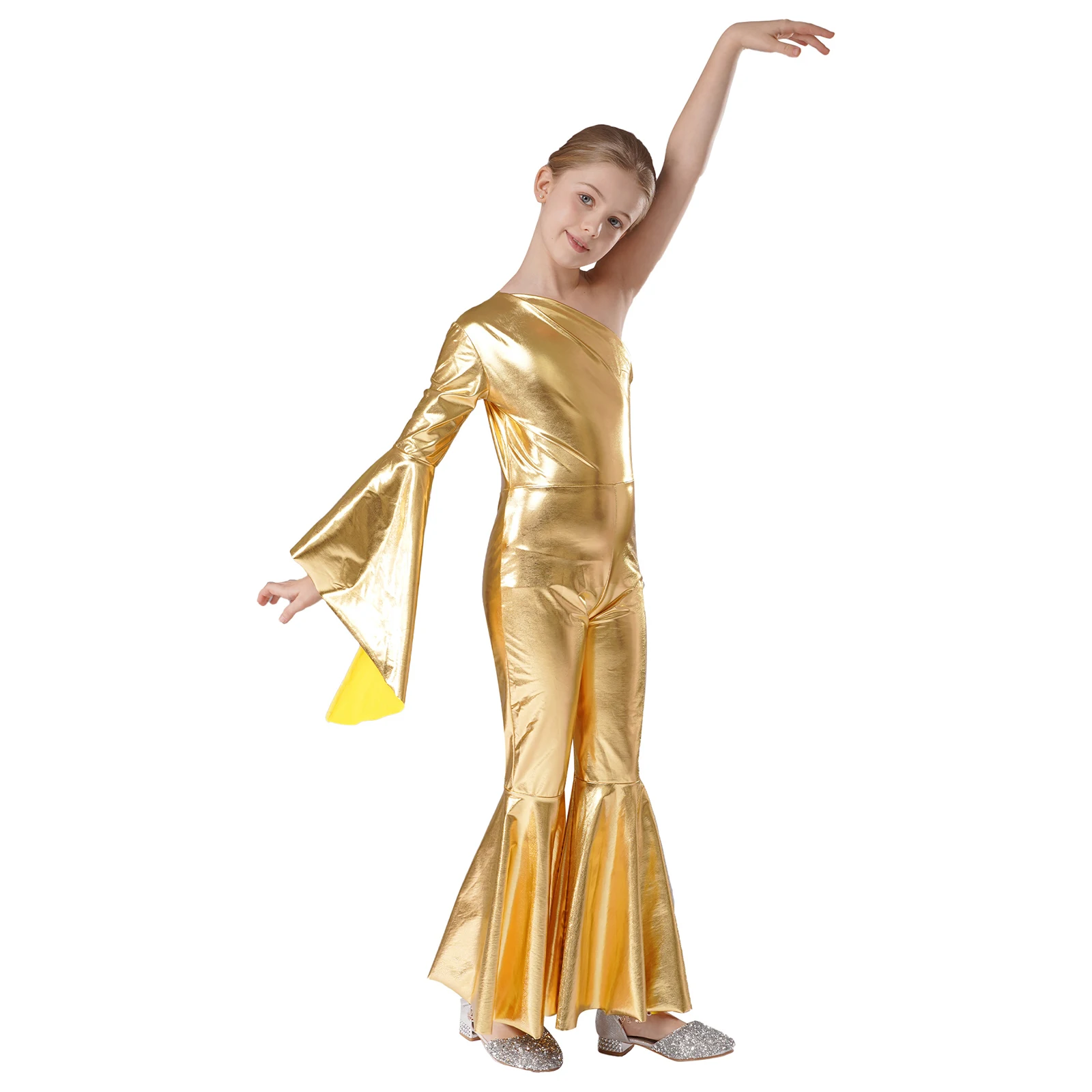 Kinder Meisjes Metallic Dance Jumpsuit Glanzend Klokbodem Één Schouder Flare Mouw Bodysuit Carnaval Themafeest Optreden Kostuum