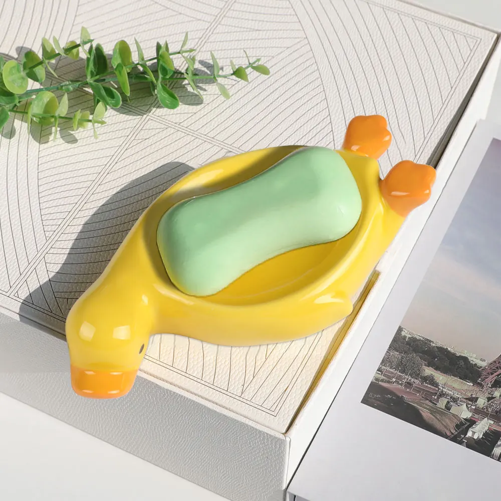 Duck Shape Soap Box Creative Ceramic Drain Soap Dish Bathroom Soap Storage Holder Household Shower Container Sponges Drainer Dry