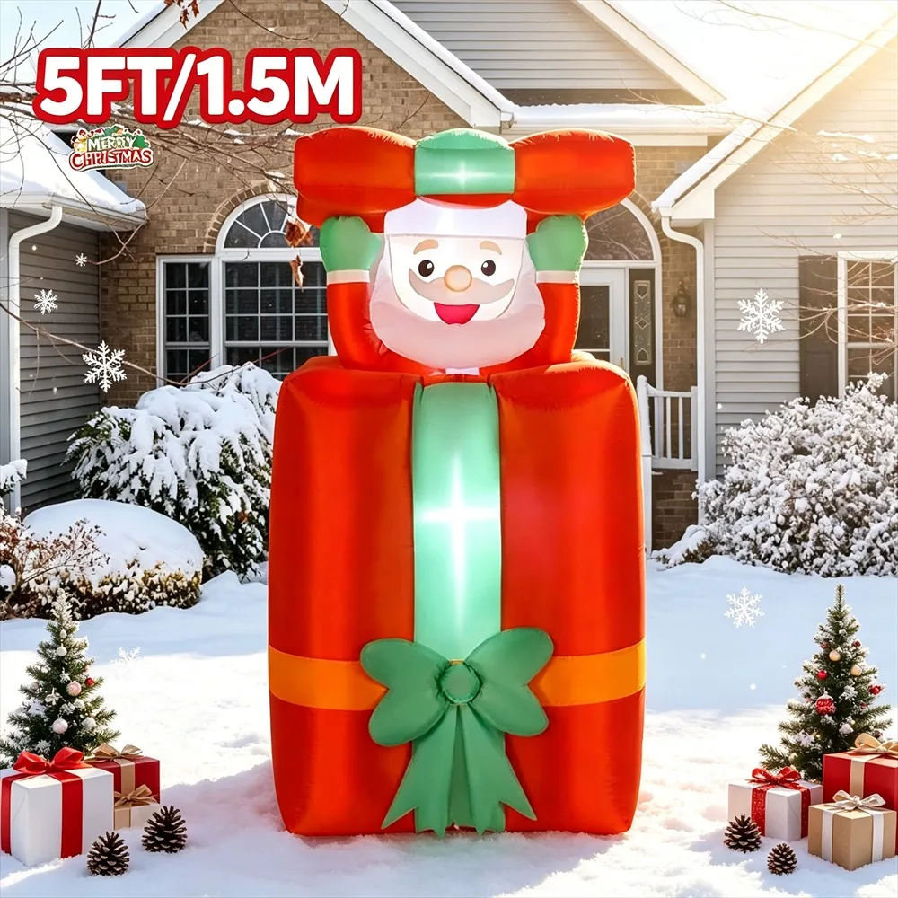 5FT Christmas Inflatable Model Gift Box Peeking Santa Claus Outdoor Decoration Holiday Yard Decor for Christmas Festive Carnival