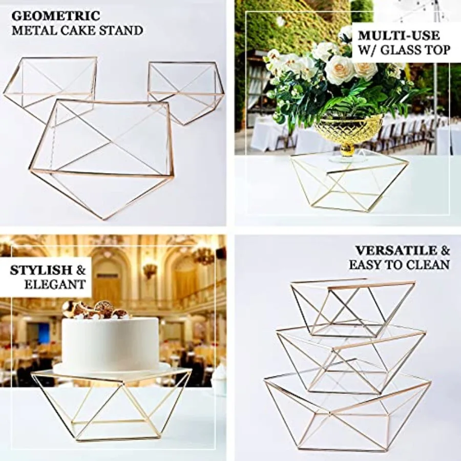 Metal Geometric Cake Stand Gold Cake Riser with Glass Top Gold Set