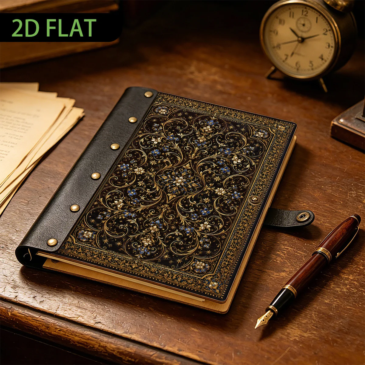 1PC Black Gold Floral Gem Leather 2D Flat Notebook, Baroque Style Ornate Journal, Hardcover Riveted Notebook