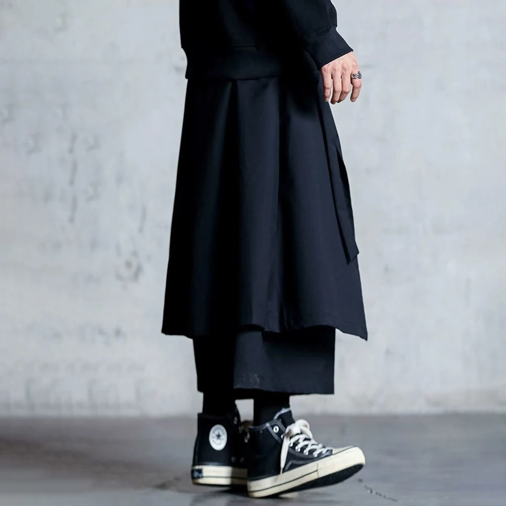 Mens Y2k Culottes Double Layer Samurai Pants Hakama Spring Streetwear Fashion Trend Gothic Casual Pants Men\'S Clothing 2025 New