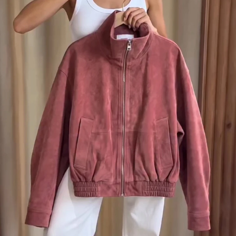 Lässige Damen-Wildlederjacke mit Stehkragen, durchgehendem Reißverschluss, langen Ärmeln und Taschen, Damenmantel, Herbst/Winter 2026, Damen-Oberbekleidung, Neu – Detail 9